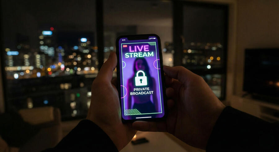 Mobilskjerm som viser live nakenprat session på Telegram med norske jenter og personvern-ikon
